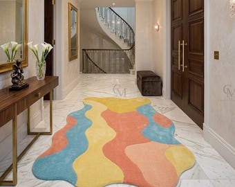 Hand Tufted Wool Area Rug, Pastel Wavy Abstract Design, Multicolor Carpet for Living Room.