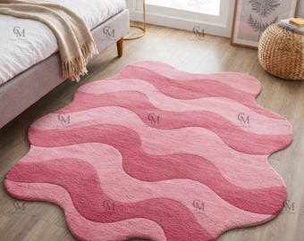Tappeto a onde rosa - Tappeto in lana annodato a mano - Tappeto moderno astratto dalla forma curva per il soggiorno.