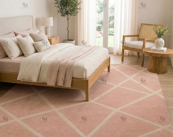Alfombra geométrica rosa palo - Alfombra de lana hecha a mano, alfombra moderna y suave para sala de estar y dormitorio.