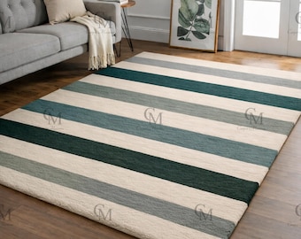 Handgetufteter gestreifter Wollteppich - Moderner handgefertigter Grün- und Elfenbeinteppich für Wohnzimmer, Schlafzimmer und Wohnkultur Größe 5x20, 8x10, 9x12