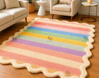 Hand-Tufted Wool Rug: Pastel Rainbow Stripes, Wavy Edge - 5x8, 6x9, 8x10
