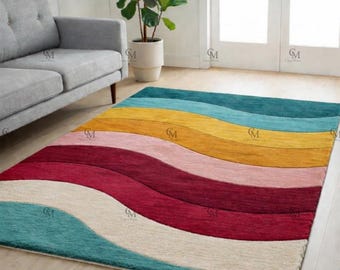 Modern Wavy Hand Tufted Woolen Carpet-Colorful Abstract Area Rug,  Retro Mid Century Custom Rug.