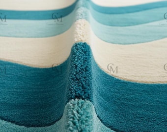 Hand Tufted Wool Area Rug-Aqua Teal Abstract Wave Modern Handmade Carpet-Living Room Custom Rug.