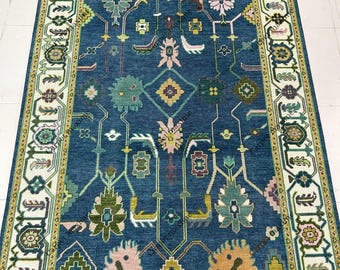 Hand Knotted Wool Rug-Teal Blue Floral Area Handmade Oriental Vintage Carpet for Living Room.