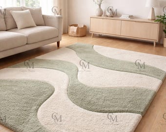 Hand-Tufted Wool Area Rug – Modern Abstract Sage Green & Ivory Designer Carpet for Living Room.