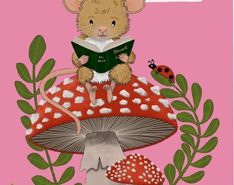 Lámina artística de ratón sobre seta – Decoración infantil con animales del bosque (lámina física)