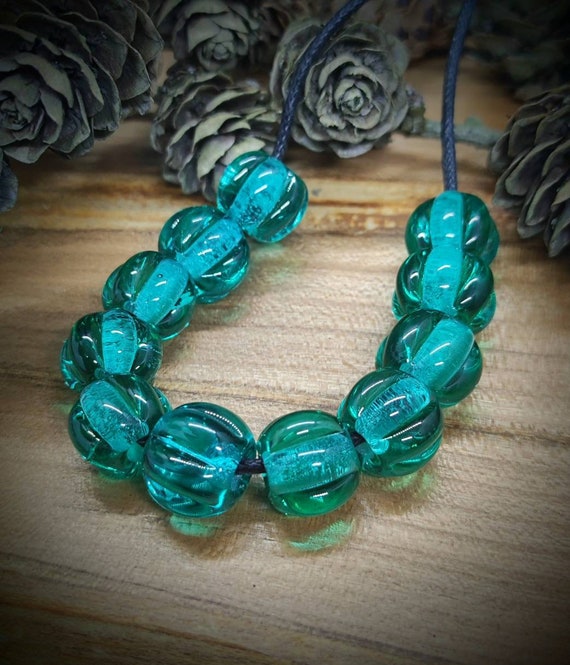 Sea Green Lampwork Melon Beads: Handmade Unique Pieces Made of