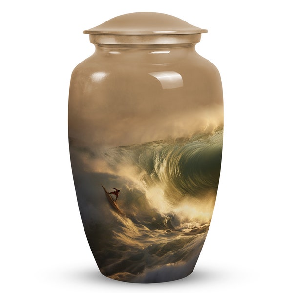 Ocean Wave Surfer Memorial Cremation Urn for Adult Human Ashes – Captivating Sunset Surf Urn for Human Remains 10" Large, 3" Small Keepsake