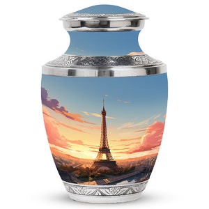 Paris Eiffel Tower, Sunset Cremation Large and Keepsake Urn 1-200 cubic Inch, Elegant Memorial Decorative Urn for Adult Human Ashes