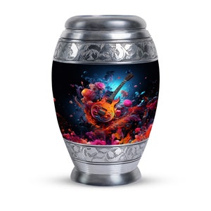 Guitar Themed Cremation Urn - Colorful Adult Human Ashes Large & Little Keepsake Funeral Decorative Urn for Music Lover 1-200 Cubic Inch