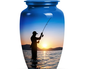 Fisherman Cremation Urn For Human Ashes Women & Men 1-200 Cubic Inch Sunset Fishing Urn For Adult Ashes Large, Keepsake Memorial Urn