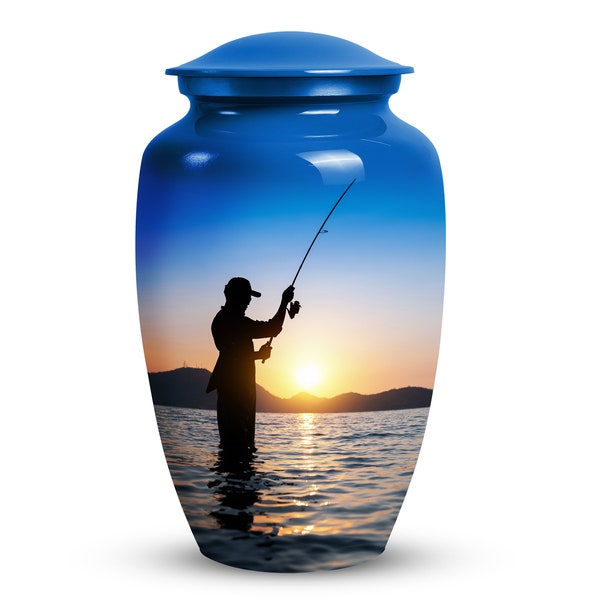 Fisherman Cremation Urn For Human Ashes Women & Men 1-200 Cubic Inch Sunset Fishing Urn For Adult Ashes Large, Keepsake Memorial Urn