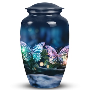 Magical Glowing Butterfly Cremation 10&quot; Large Urn, 3&quot; Small Keepsake Urn for Adult Human Ashes Female & Male, Unique Funeral Decorative Urn