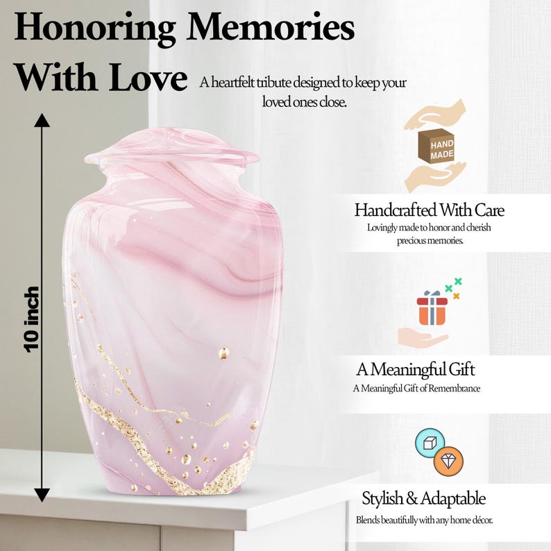 Pink Marble Urns for Human Ashes, Decorative Urns, Large Urn for Adults, Burial Urns for Human Ash 10" Urns 200 cubic