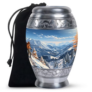 Snowy Mountain Explorer Tribute Cremation Funeral Urn - Hiking in Winter Large 10" Urns and Tiny 3" Keepsake Decorative For Human Remains