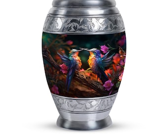 Radiant Pair Hummingbird Cremation Urn | 10" Adult Size & 3" Keepsake | Optional Customizable Memorial Vase for Adult Human Ash Male, Female