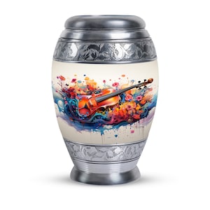 Colorful Floral & Guitar Cremation Urn - Artistic 10" Memorial for Human Remains, Decorative Funeral Urn for Adult Ashes 1-200 Cubic inch