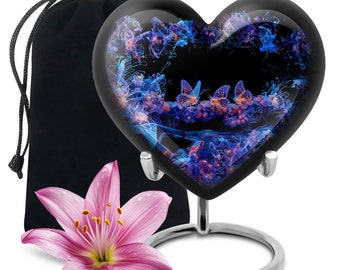 Elegant Butterfly Heart-Shaped Cremation Urn - Large 10" Adult Size and 3" Keepsake Option - Personalizable Memorial for Ashes