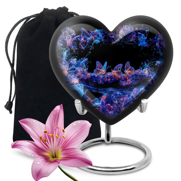 Elegant Butterfly Heart-Shaped Cremation Urn - Large 10" Adult Size and 3" Keepsake Option - Personalizable Memorial for Ashes