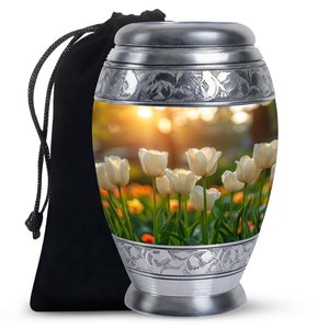 Spring Blossom Serenity Urn White Tulip Field Cremation Urn for Adult Ashes 1-200 Cubic Inch  White Floral Memorial Cremation Decorative Urn