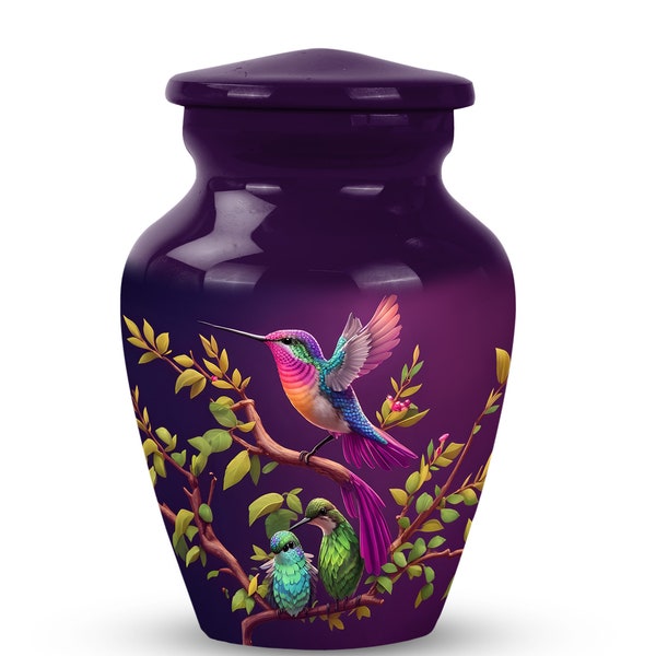 Colorful Hummingbird Urn for Human Ashes - Purple Keepsake, Large Nature Inspired Funeral Cremation Urn Memorial Decorative 1-200 Cubic Inch