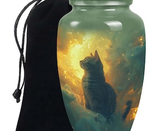 Enchanted Cat Cremation Urn - Optional Customizable 10" Adult & 3" Keepsake Memorial Vessels with Velvet Pouch for Pet Remains Small Ashes