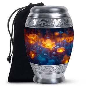 Glowing Blossoms Memorial Urns For Male and Female - Floral Design Adult Urn 10&quot; Large & 3&quot; Small Keepsake Customizable Funeral Urns For Ash