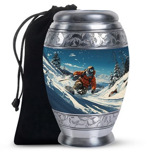 Snowboarding the Winter Trails Memorial Urn Adventurous Spirit Cremation Urn for Adults 1-200 Cubic Inch Decorative Urn For Male, Female Ash