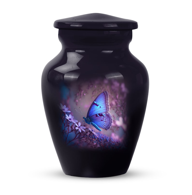 "Side view of Purple Butterfly Cremation Urn for keepsake"