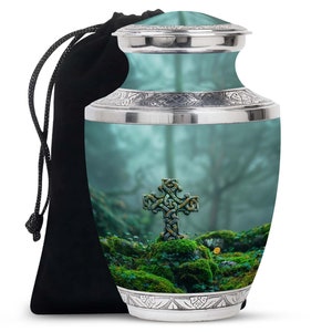 Religious Cross Sign In Enchanted Forest Cremation Urns 10&quot; Large Adult Funeral and 3&quot; Small Keepsake Memorial Urns For Grandparents Ashes