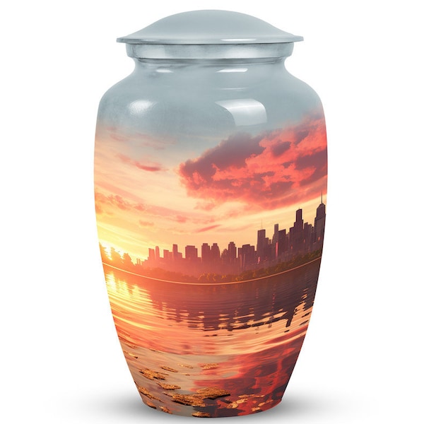 Urne de crémation artisanale New York City Sunset Silhouette pour cendres adultes, souvenir commémoratif de 1 à 200 pouces cubes/grande urne décorative pour homme