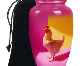 Farmhouse Chicken Funeral Urns For Ashes, Vibrant Sunrise Memorial Urns For Adults - 10" Large & 3" Small Pink Urn for White Chicken Lover's