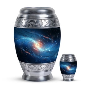 Cosmic Galaxy Cremation Urn, Space Themed Adult Ashes Urn – Large 10&quot; & 3&quot; Small Keepsake Combo for Human Remains Decorative Memorial Urns