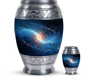Cosmic Galaxy Cremation Urn, Space Themed Adult Ashes Urn – Large 10&quot; & 3&quot; Small Keepsake Combo for Human Remains Decorative Memorial Urns