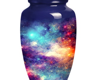 Unique Glowing Galaxy Urn for Adult Ashes, Celestial Tribute for Man, Woman - Colorful Funeral Decorative Urn with 1-200 Cubic Inch Capacity