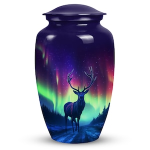 Northern Lights Deer Cremation Urn Memorial Human Remains with Aurora Borealis Design 1-200 Cubic Inch Large & Small Keepsake Adult Ash Urn