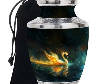 Swans Phoenix Rising or Rebirth Symbolism Cremation Urn For Adult Human Ashes for Male & Female, Unique Black Urn with 1-200 Cu In Capacity