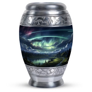 Mountain Solace Aurora Borealis Adult Urn With Northern Lights - Serene Lake & Mountain, Keepsake, Large Memorial 200 Cubic Inch Ash Holder