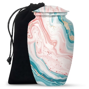 Abstract Pink and Teal Marble Swirl Design Cremate Urn for Human Ashes, Aluminum Memorial Urn, Custom Personalize  Keepsake and Large Urn