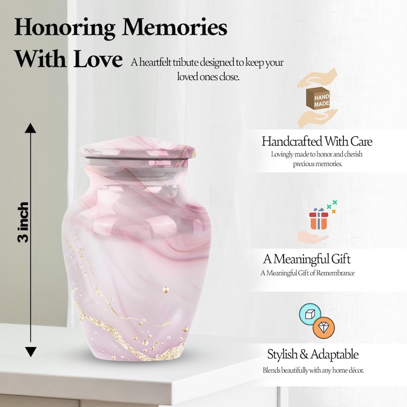 Pink Marble Urns for Human Ashes, Decorative Urns, Large Urn for Adults, Burial Urns for Human Ash 3" keepsake Set of 1