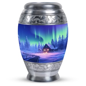 Whispering Pines Cremation Urn 10 inch Large Adult Memorial With Aurora Cabin Design Optional Customization Mini Keepsake Northern light Urn