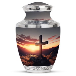 Sunset Cross Cremation Religious Urn for Adult Human Ashes Mom & Dad, 10&quot; Large, 3 &quot; Mini Keepsake Decorative Urn for Love one Memorial