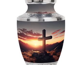 Sunset Cross Cremation Religious Urn for Adult Human Ashes Mom & Dad, 10&quot; Large, 3 &quot; Mini Keepsake Decorative Urn for Love one Memorial