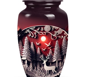 Unique Winter Forest Themed Cremation Urn for Human Ashes for Adult -  1-200 Cubic Inch 10 inch large, 3 inch Keepsake, Majestic Deer Design