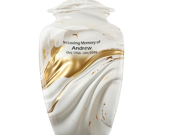 Gold and White Marble Urn for Adults, Cremation Keepsake Urn for Ashes, Decorative Urns
