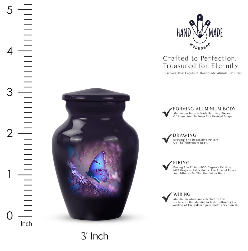 Purple 3 inch  Cremation Urn for Men and Women displayed in a serene setting