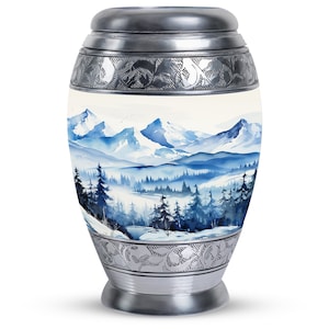 Urna de cremación conmemorativa del país de las maravillas de invierno para restos humanos, diseño funerario decorativo de montaña nevada, 1-200 pulgadas cúbicas, recuerdo grande y pequeño
