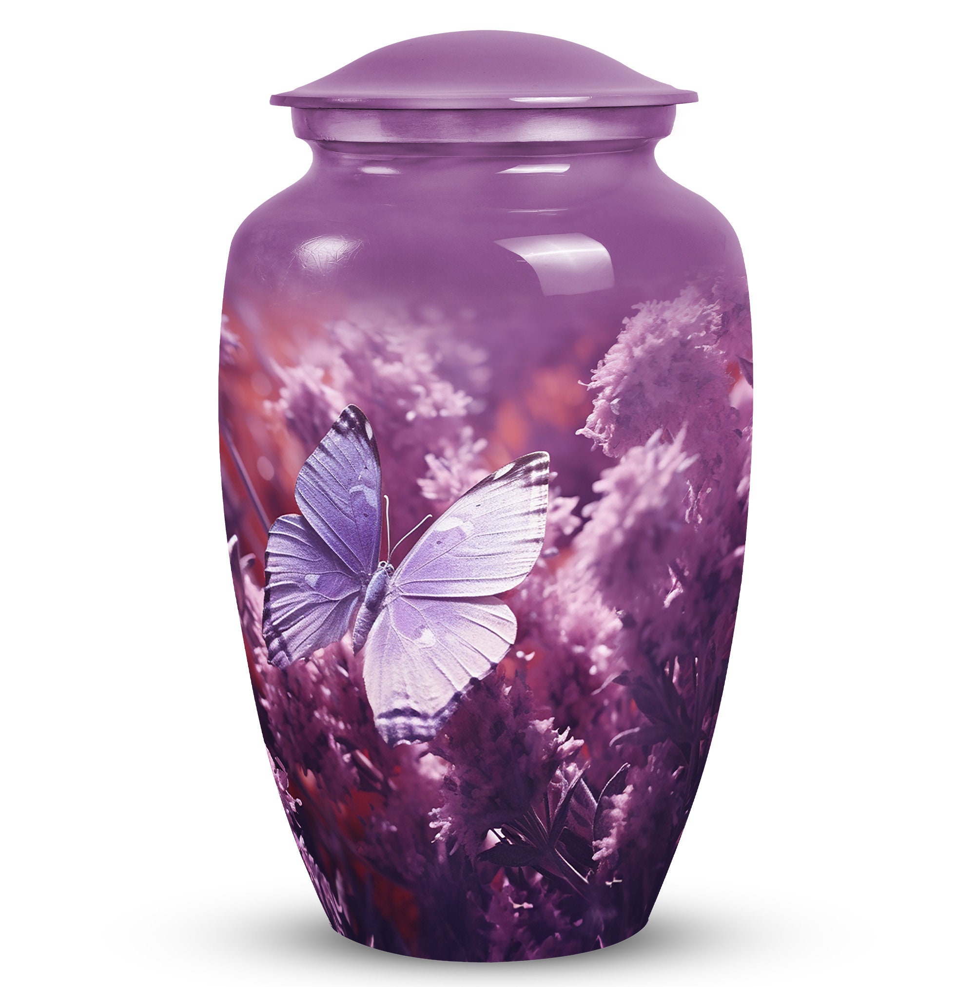 Eternal Meadow Purple Butterfly Memorial Urn for Human Ashes, 10" Large Cremation Urn, 3" Small Keepsake Urn Ashes Funeral Decorative Urns