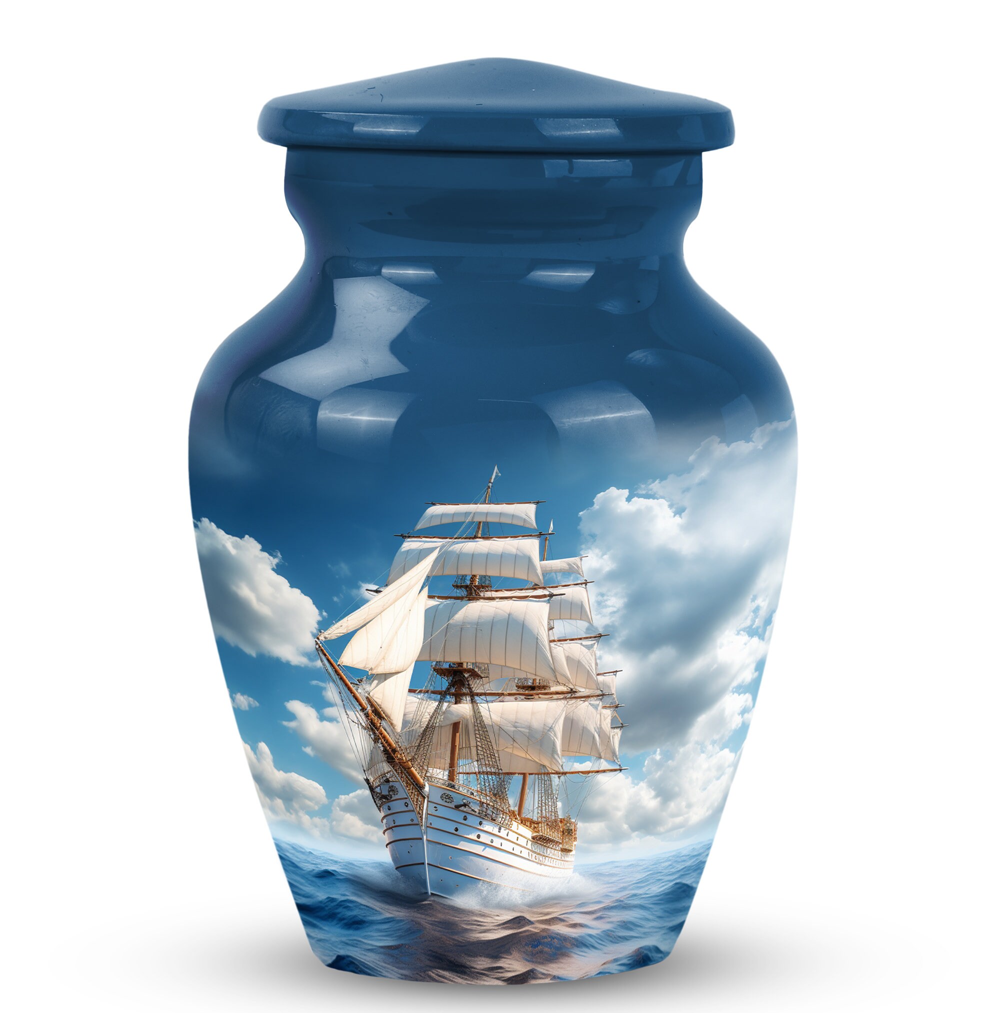 White Yacht in Blue Sky & Ocean Themed Cremation Urns Hold Upto 1200 Cubic Inch Ashes, Memorial