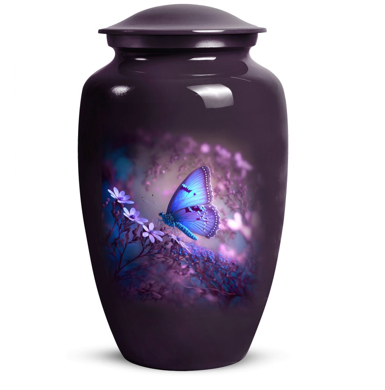 "Elegant Purple Butterfly Urn for Adult Ashes on white, purple background"